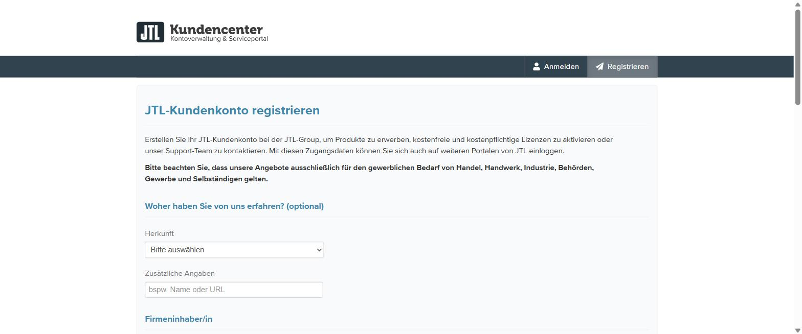 JTL Kundenkonto registration form
