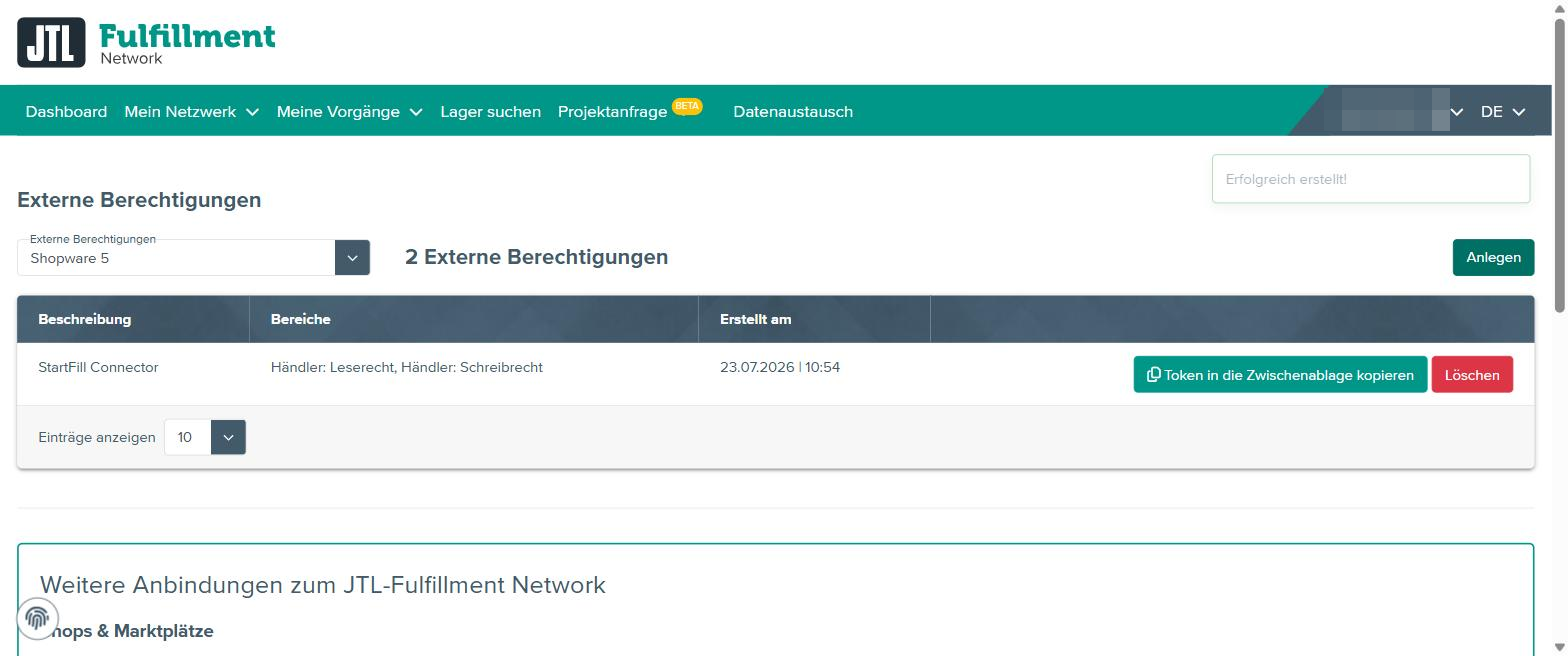 Created token with copy and delete buttons
