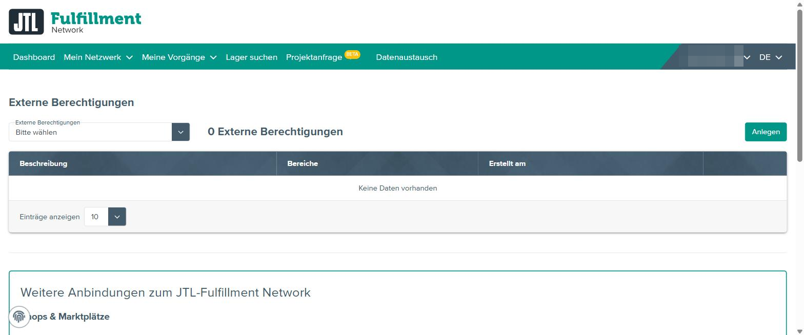 Externe Berechtigungen page with Anlegen button