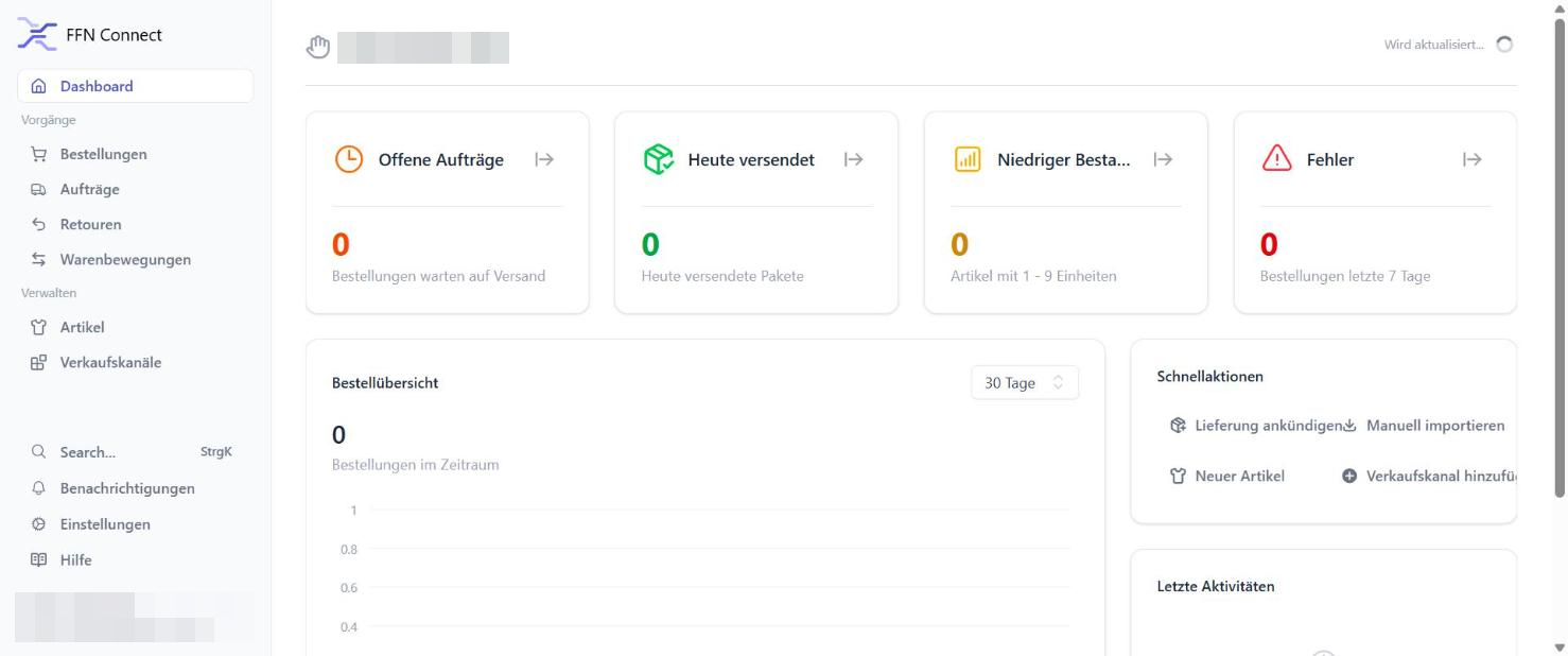 FFN Connect dashboard after logging in