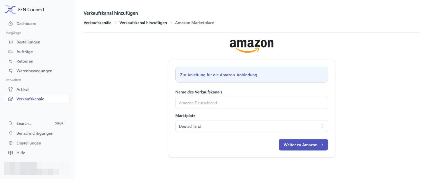 Naming the Amazon channel and selecting the marketplace