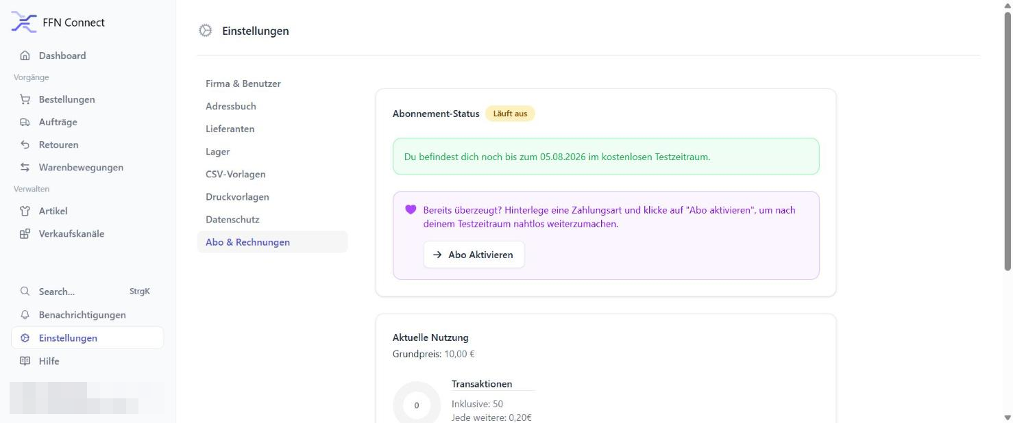 Subscription page with active trial banner