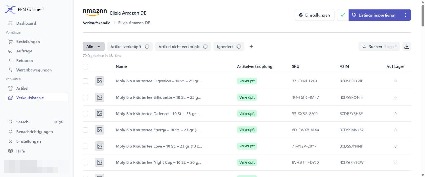 Imported and linked Amazon listings in FFN Connect