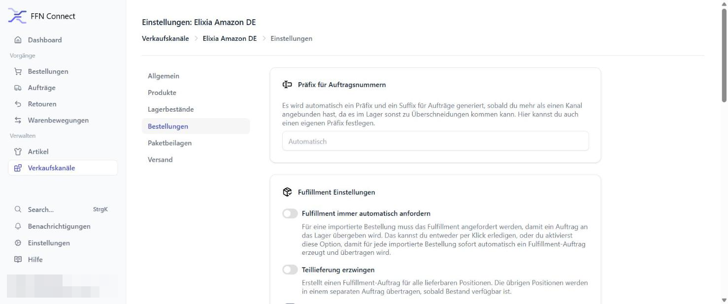 Order and fulfillment settings in FFN Connect