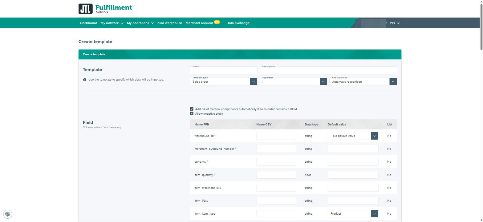 Sales order template field mapping