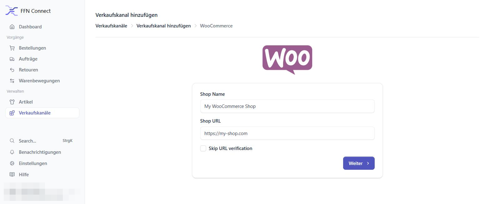 Naming the WooCommerce channel and entering the shop URL