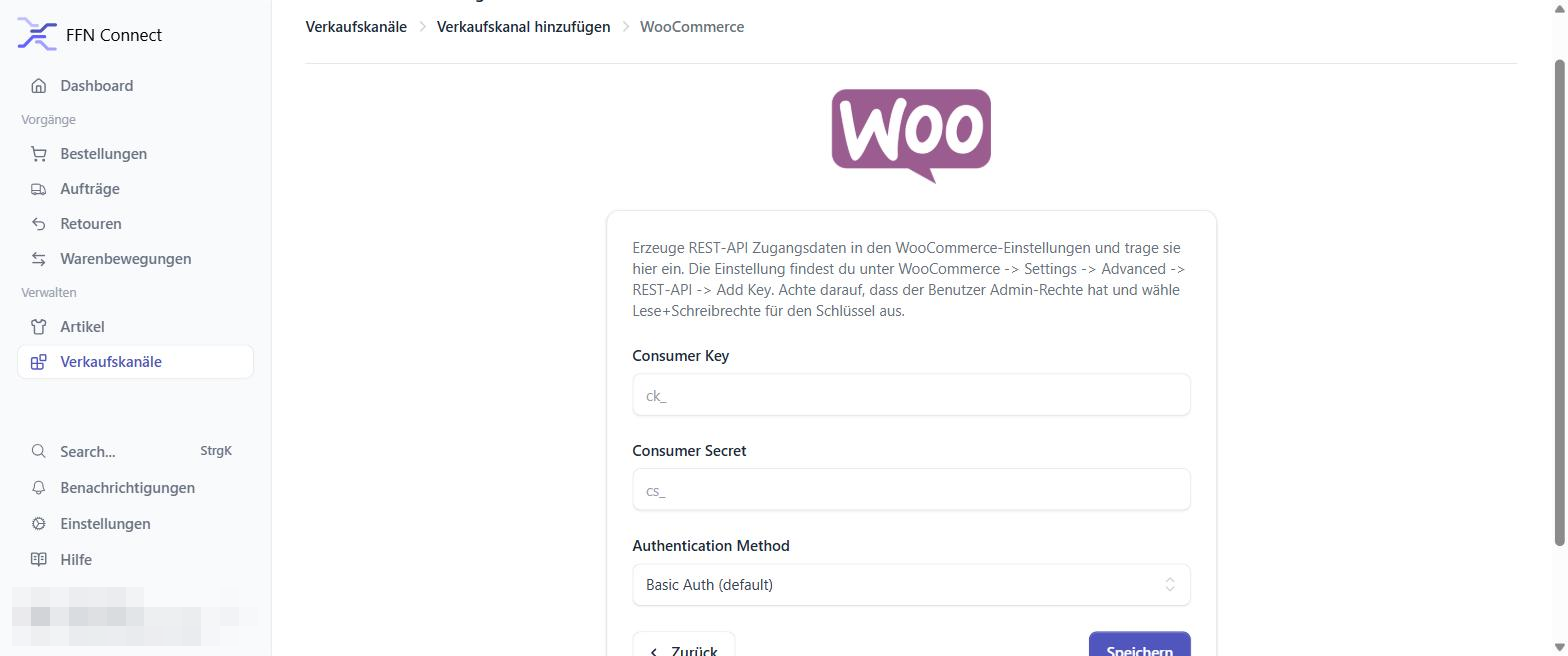 FFN Connect credentials screen for WooCommerce