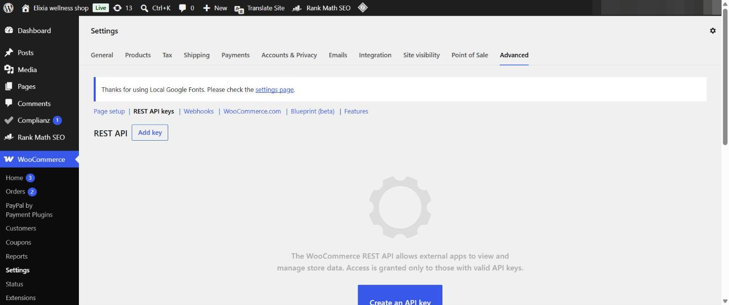 WooCommerce REST API settings