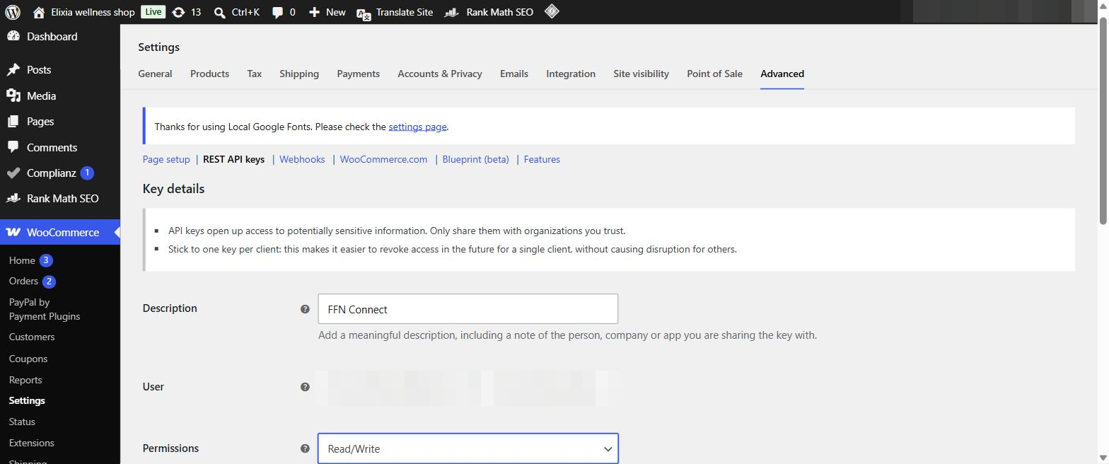 WooCommerce API key details with Read/Write permissions