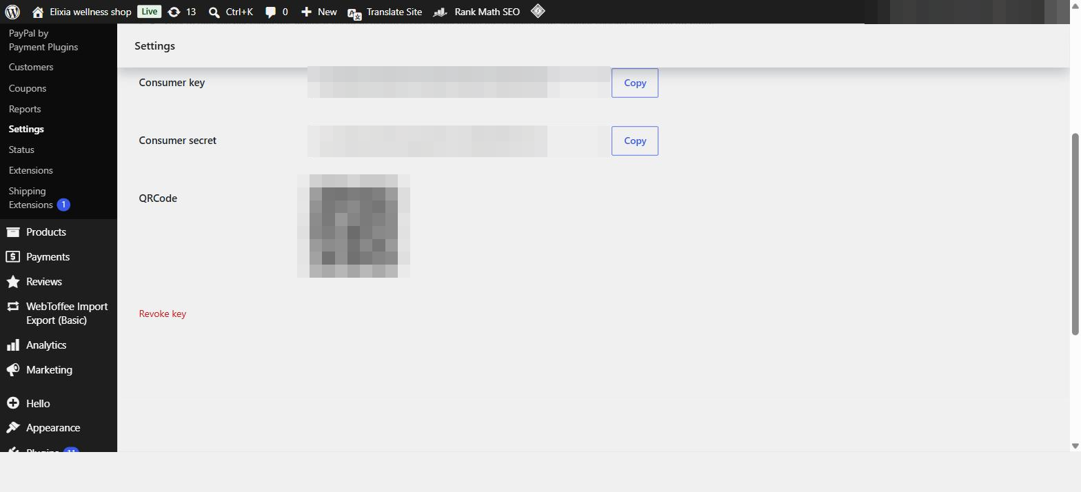 Generated consumer key and secret (blurred)