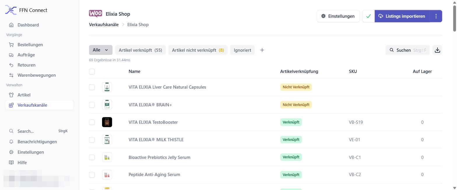 Imported and linked WooCommerce products in FFN Connect