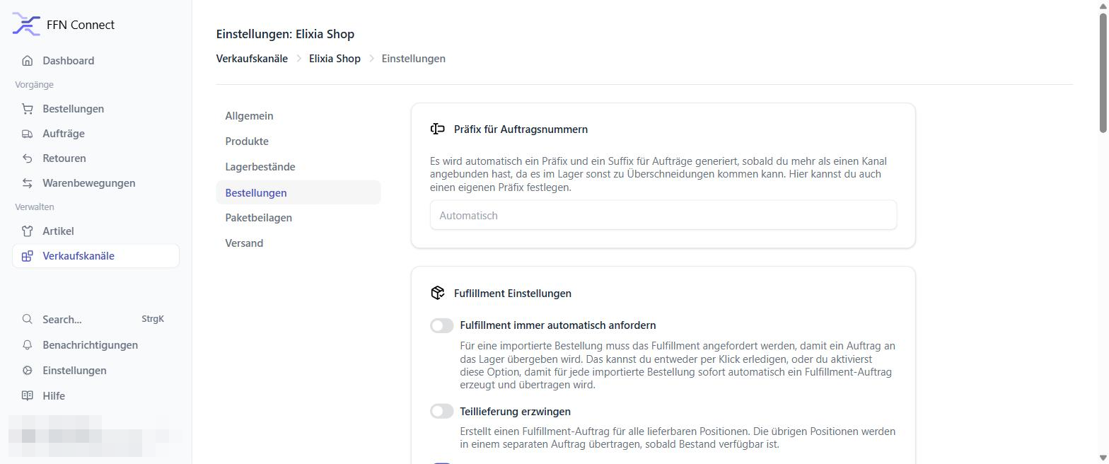 Order and fulfillment settings in FFN Connect