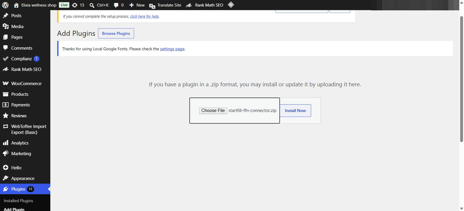 Uploading the StartFill Connector zip in WordPress