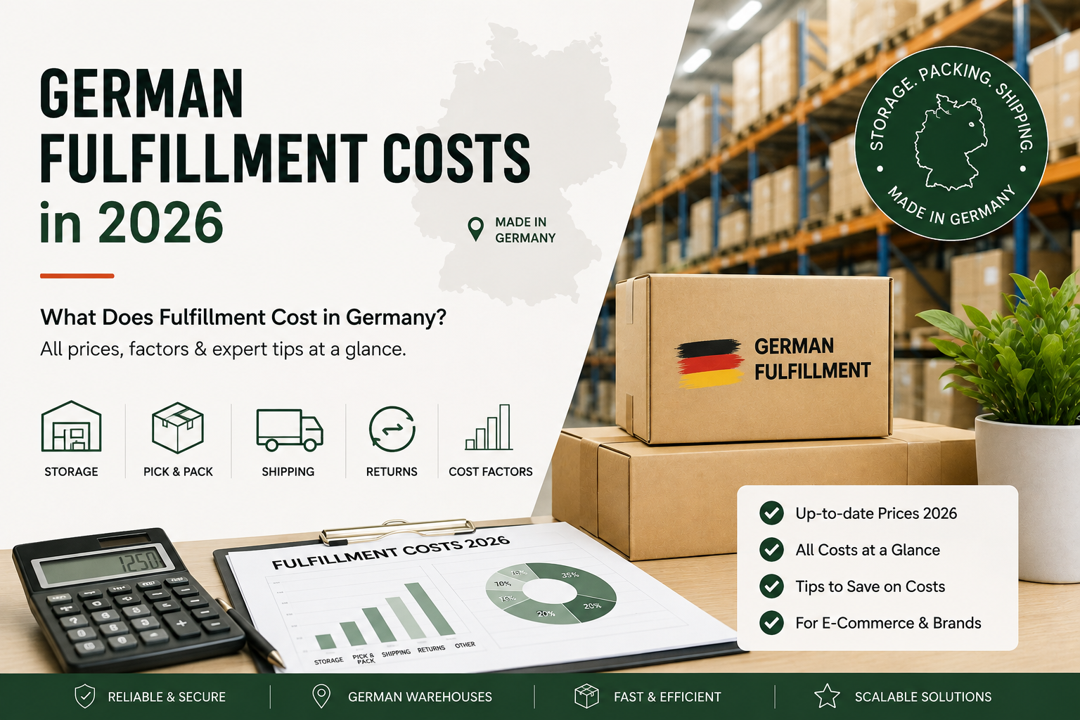 Breakdown of ecommerce fulfillment cost categories in Germany, including receiving, storage, pick and pack, packaging, shipping, and returns