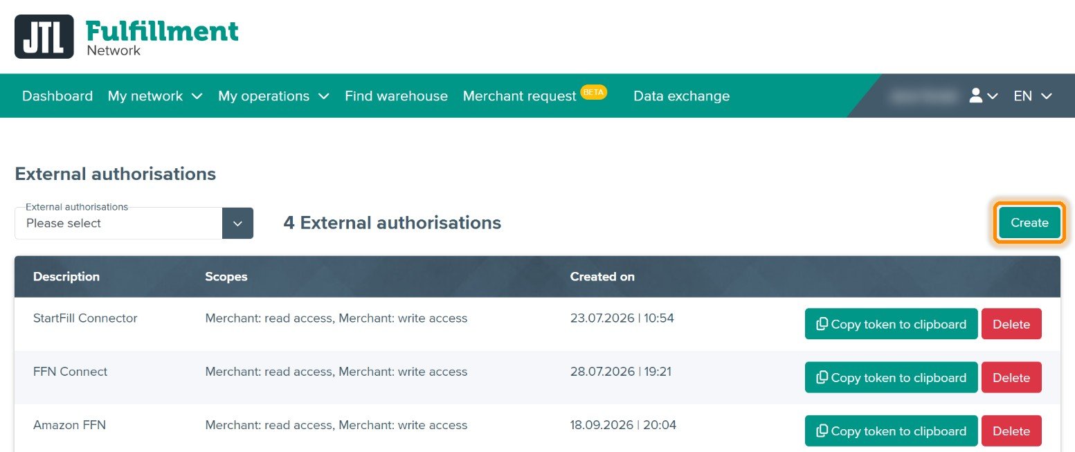 Seite External authorisations mit markierter Schaltfläche Create