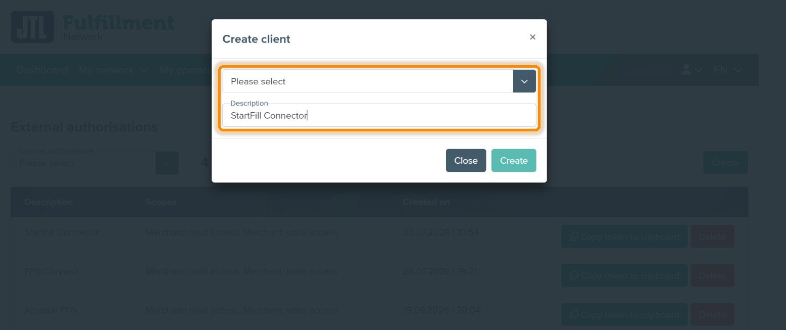 Dialog „Create client“ mit Typ-Dropdown und Beschreibung