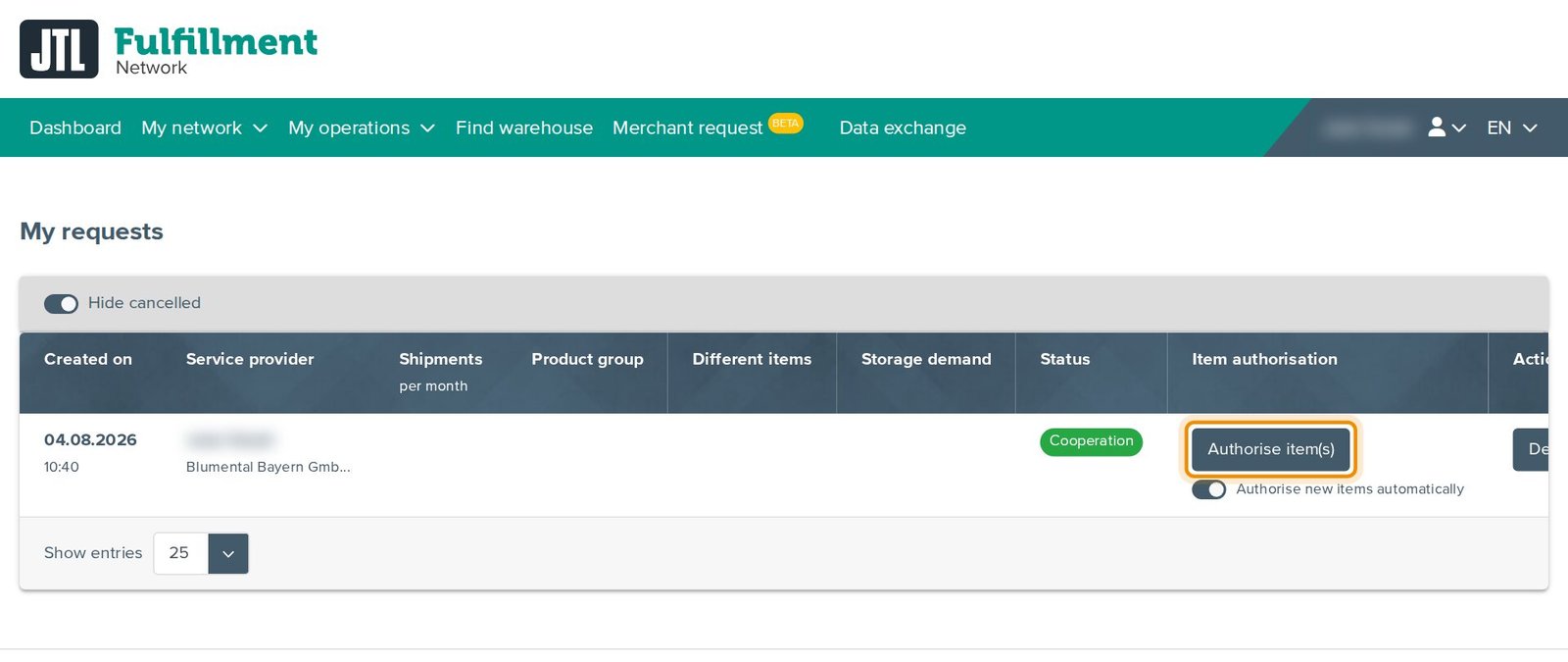 My requests im FFN-Portal: die Kooperation mit Blumental Bayern GmbH und die Schaltfläche Authorise item(s)