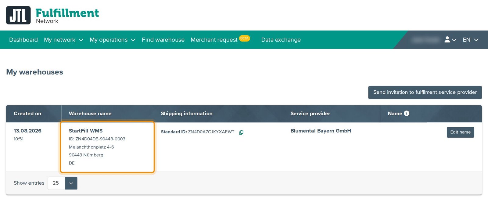 My warehouses (Meine Lager) im FFN-Portal mit StartFill WMS