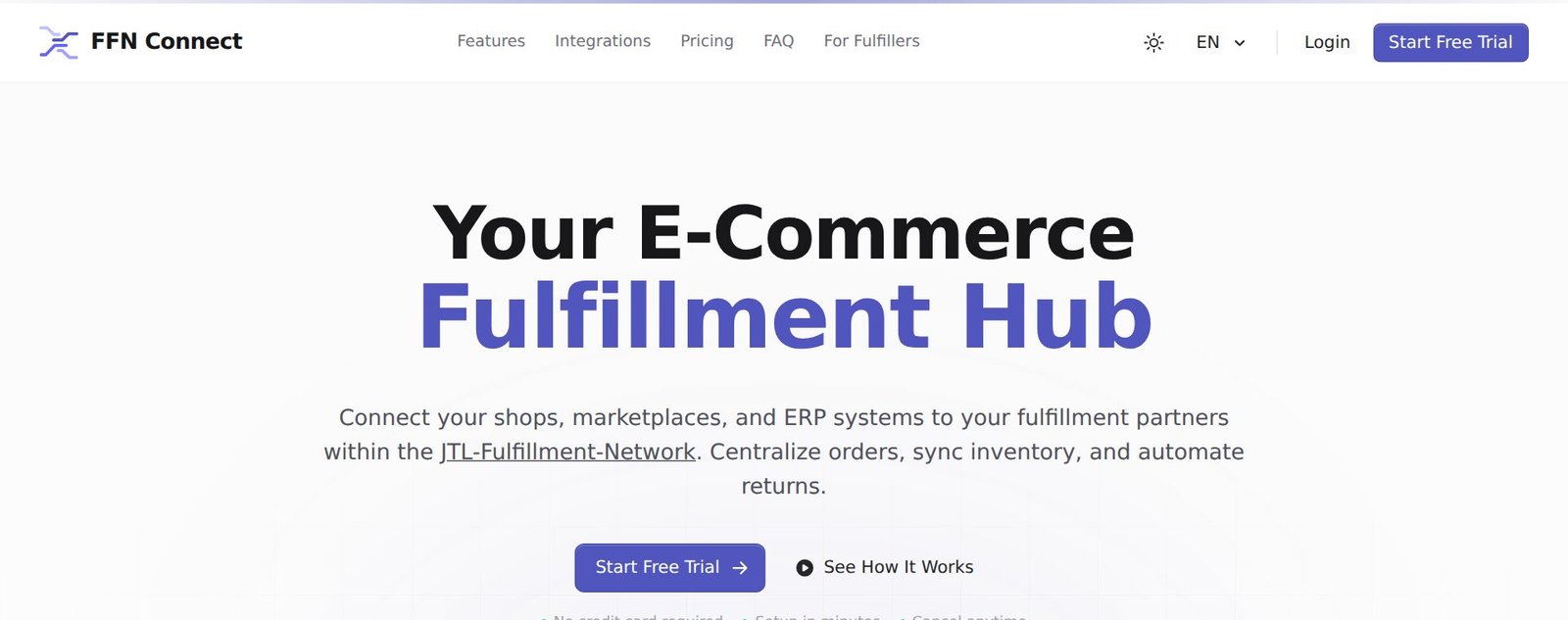 FFN-Connect-Website auf Englisch mit der Schaltfläche Start Free Trial