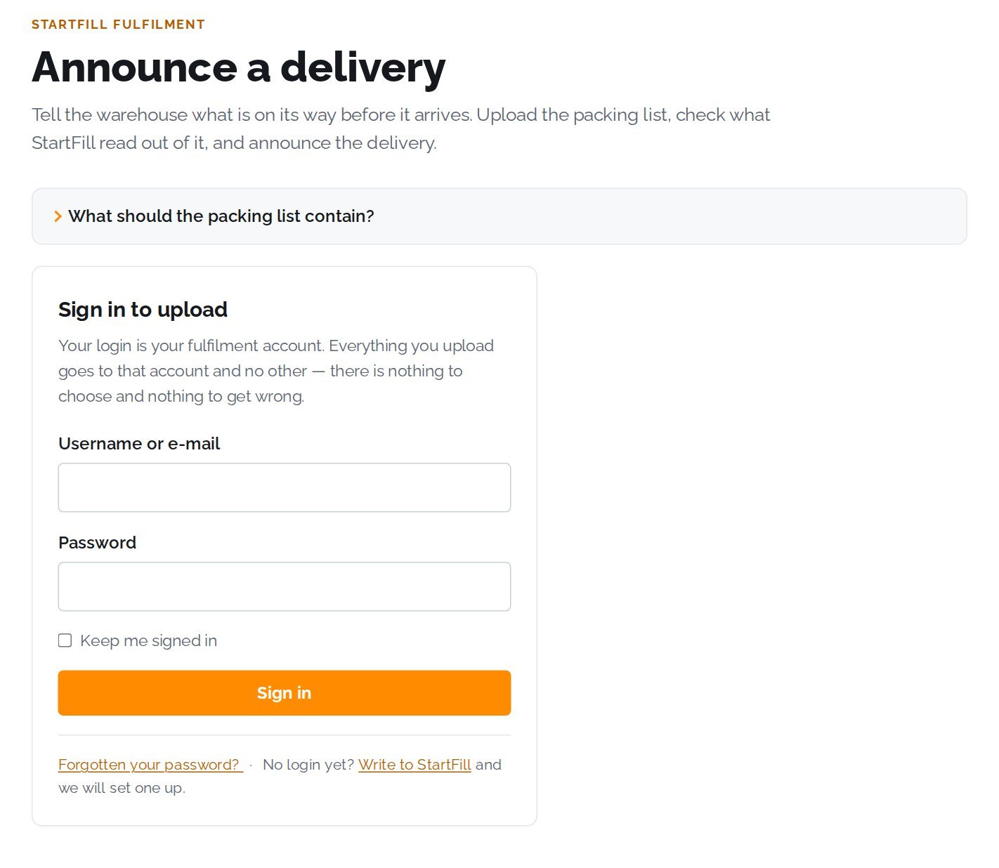 Das Feld „Sign in to upload“ auf der Seite „Announce a delivery“
