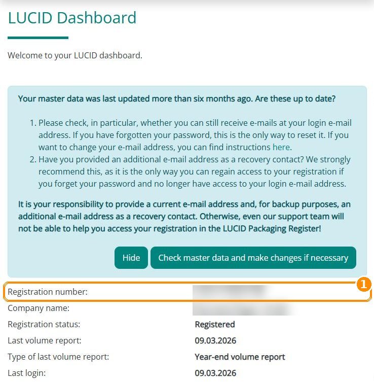 LUCID-Dashboard mit Registrierungsnummer und Status