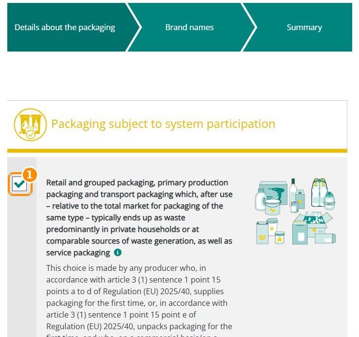 Angaben zu den Verpackungen mit ausgewählter Option systembeteiligungspflichtige Verpackungen