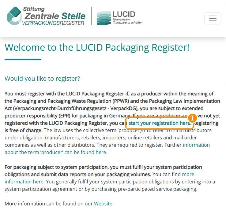 LUCID-Startseite mit markiertem Registrierungslink