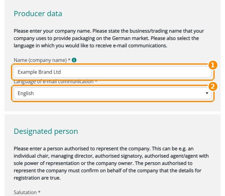 Formular Herstellerdaten mit Beispielfirma und Sprache Englisch