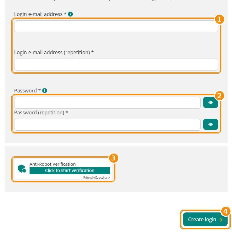 Bereich Zugangsdaten mit E-Mail, Passwort, Captcha und Schaltfläche Zugang anlegen
